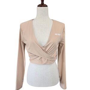 NWT Full Send Wrap Crop Top XL Long Sleeve Deep VNeck Tan Beige Shirt Athleisure